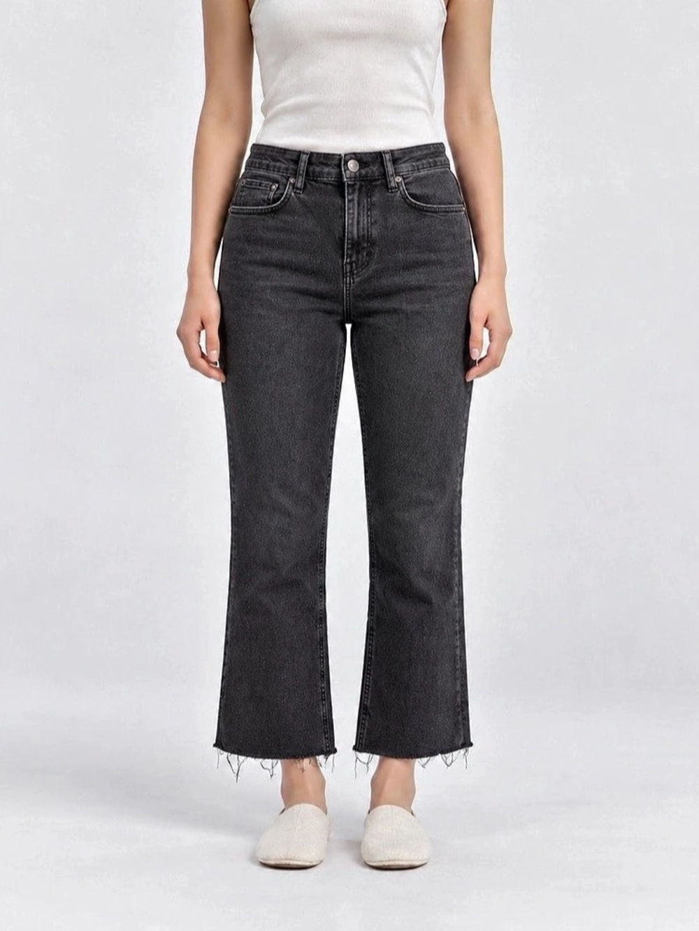 Bershka Raw Hem Wide Leg Jeans in Black Waist 26